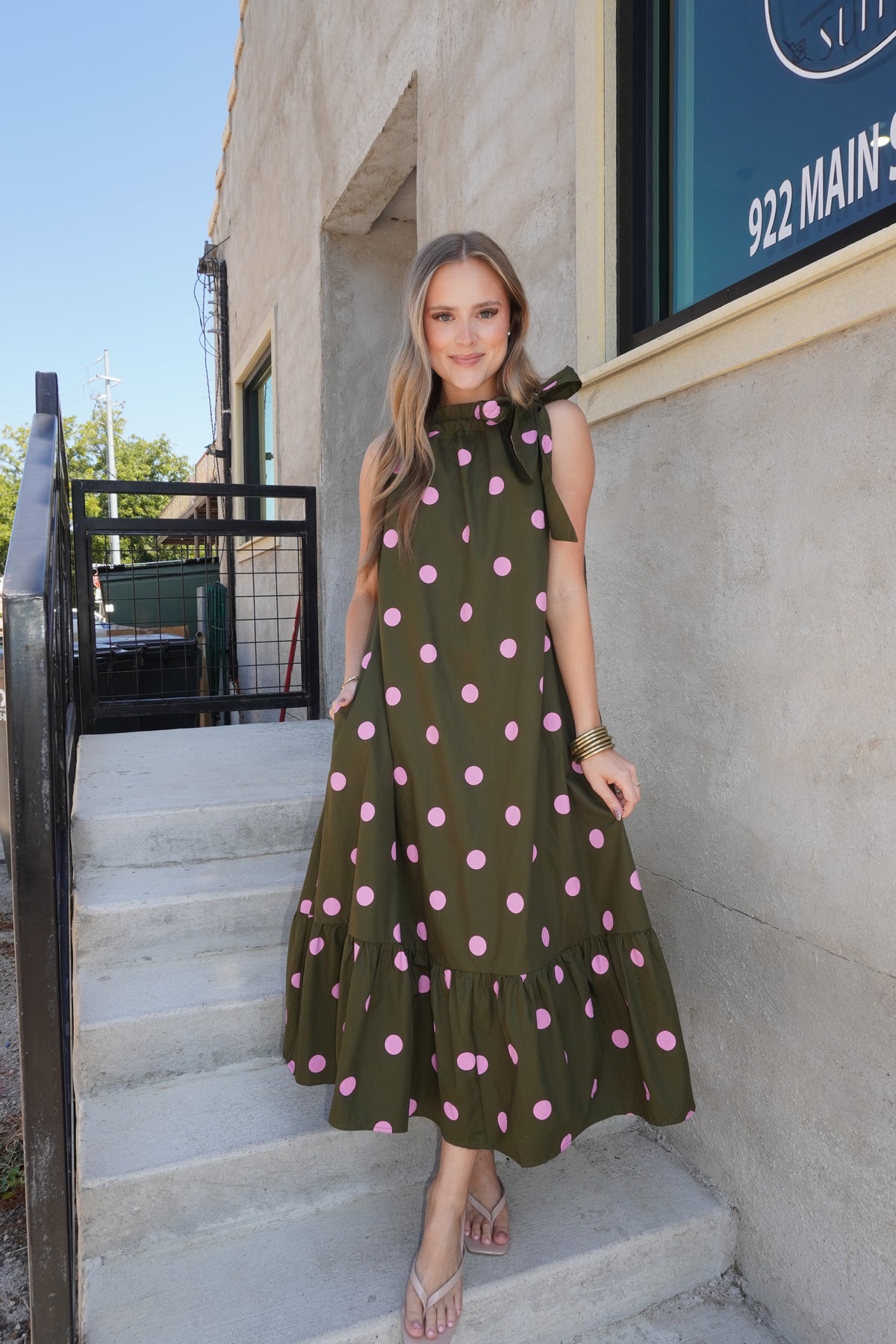 Polka Dot Midi Dress in Olive/Pink