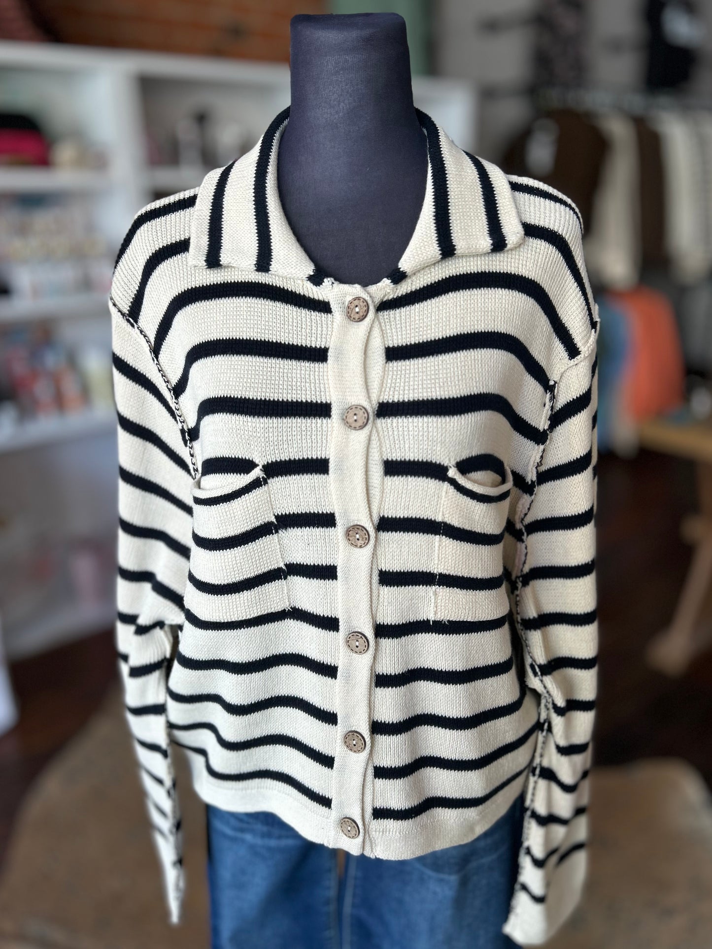 Striped Collared Cardigan in Cream