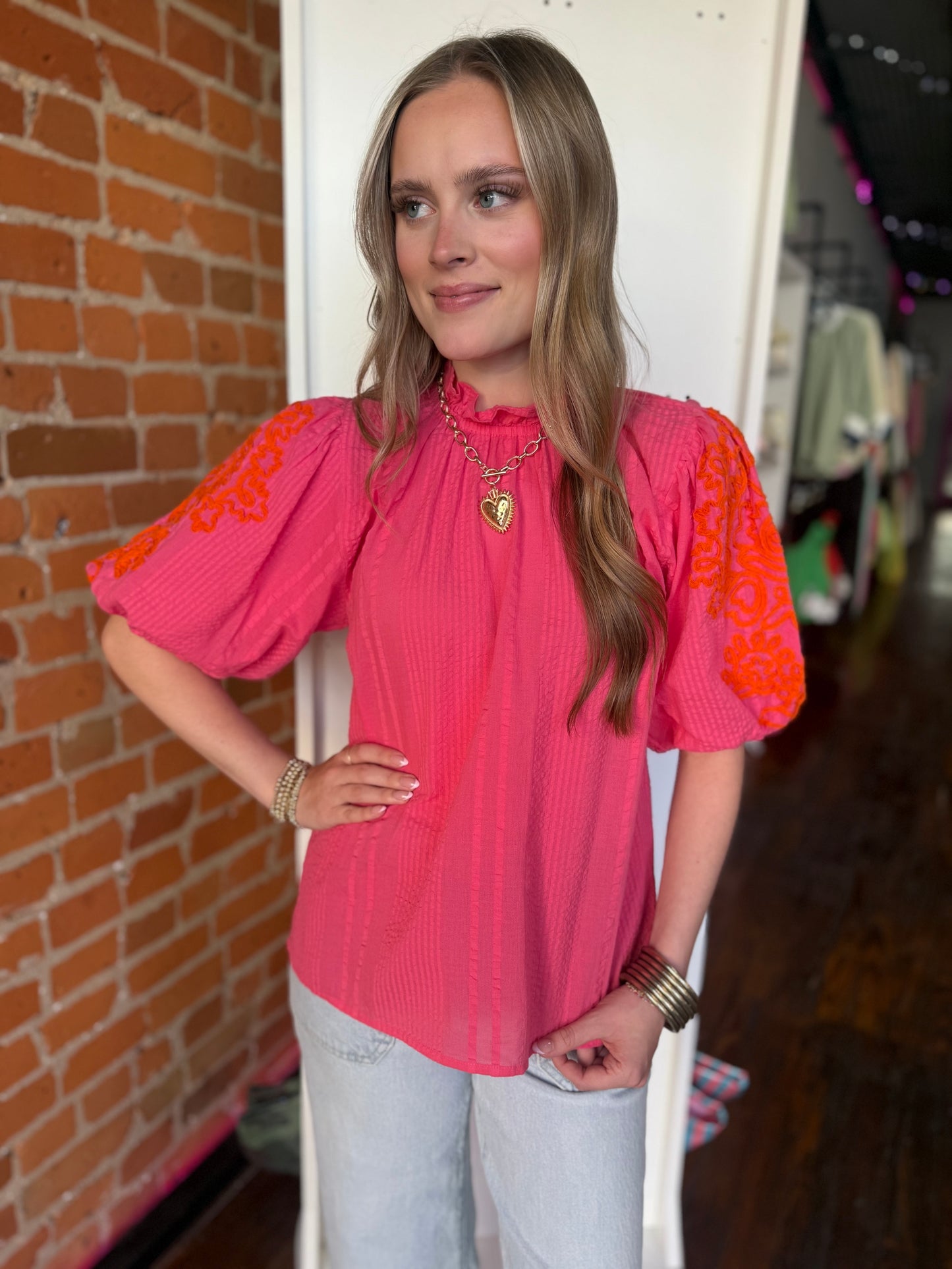 Ritzy Embroidered Puff Sleeve Top in Pink