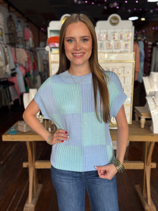 Checker Colorblock Sweater Top in Blue