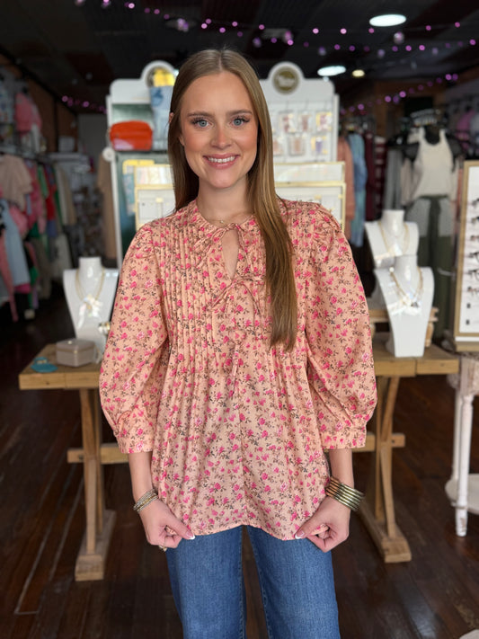 Floral Pleated Blouse in French Beige