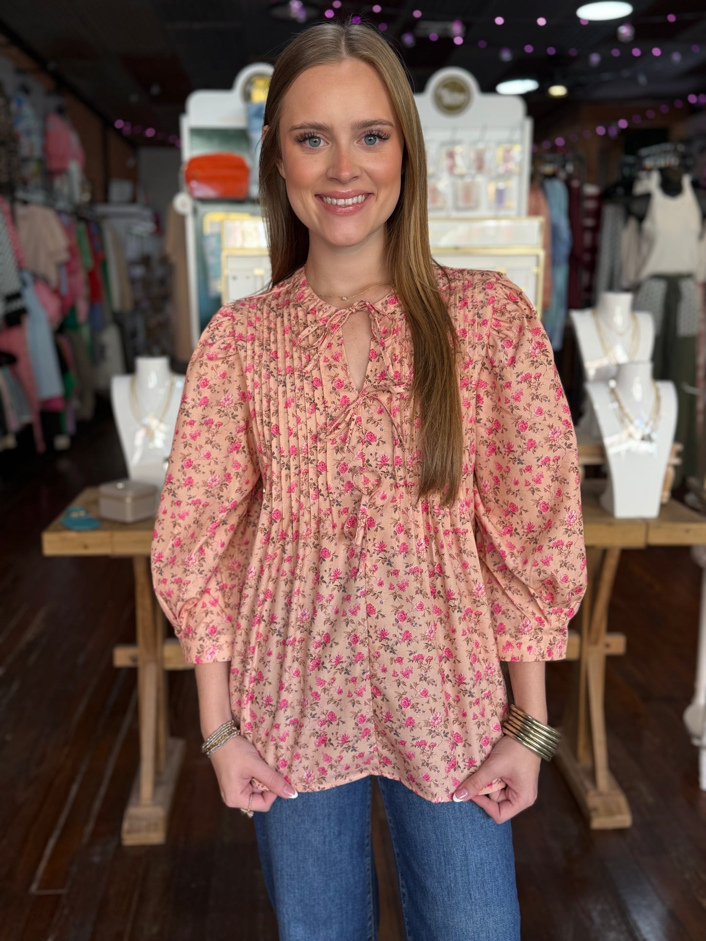 Floral Pleated Blouse in French Beige