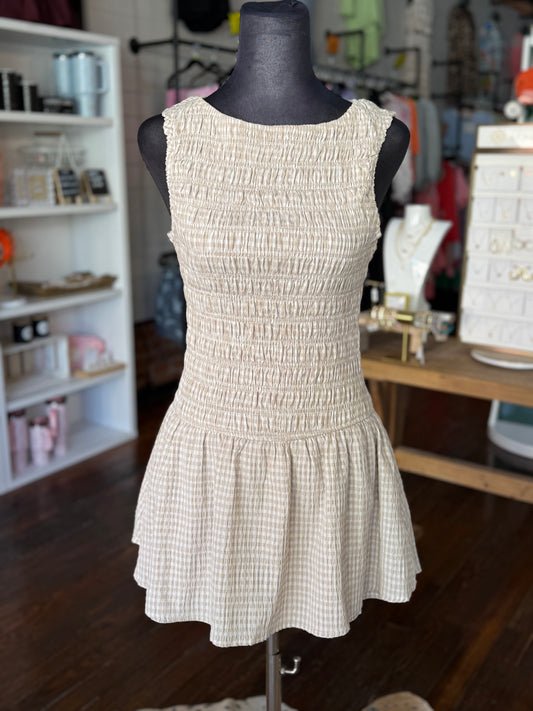 Smocking Bodice Gingham Romper in Taupe