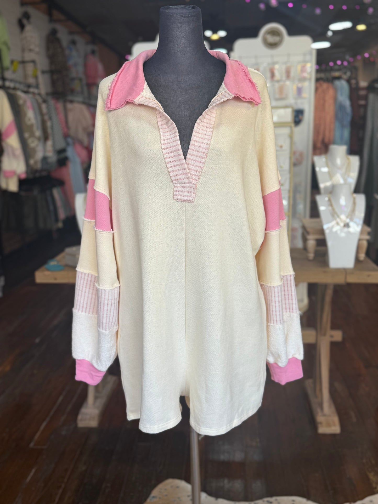 French Terry Color-Block Romper in Cream/Pink