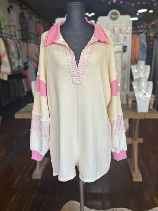French Terry Color-Block Romper in Cream/Pink