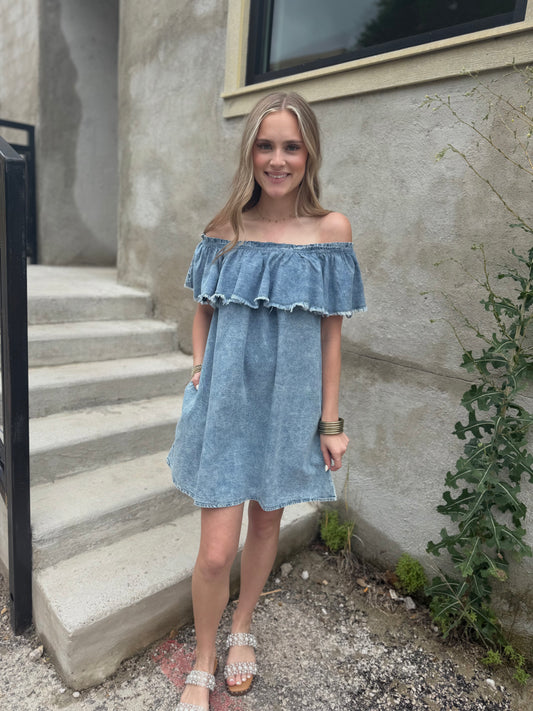 Chambray Off Shoulder Denim Dress