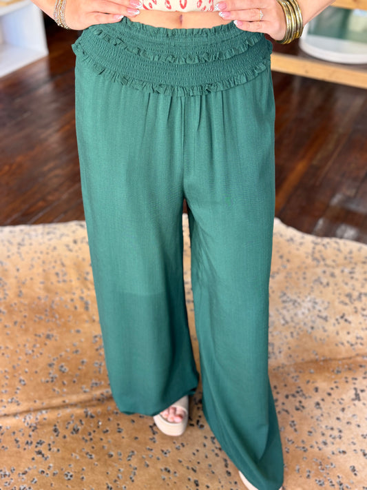 Smocked Wide Leg Pants in Hunter Green