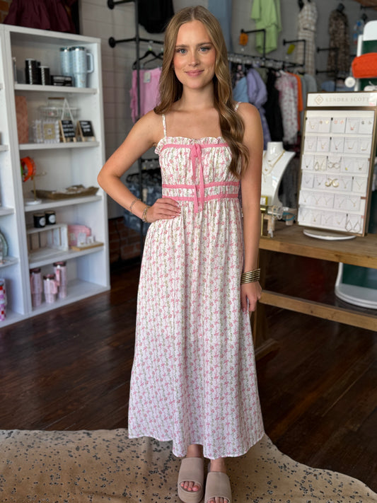 Floral Bow Spaghetti Strap Dress in Pink