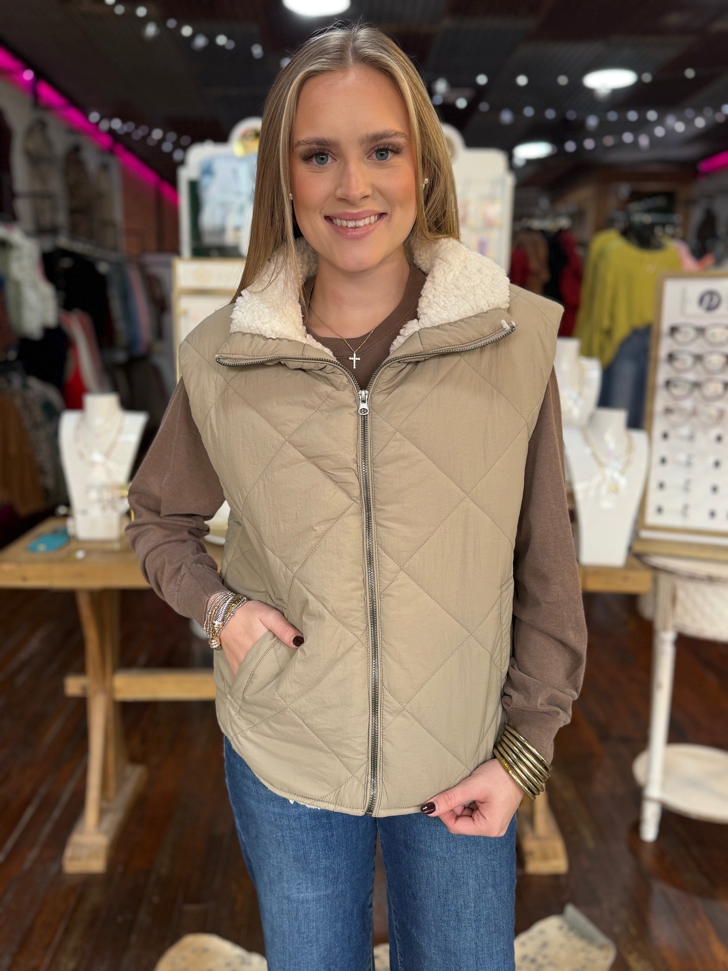 Quilted Puffer Vest in Cement