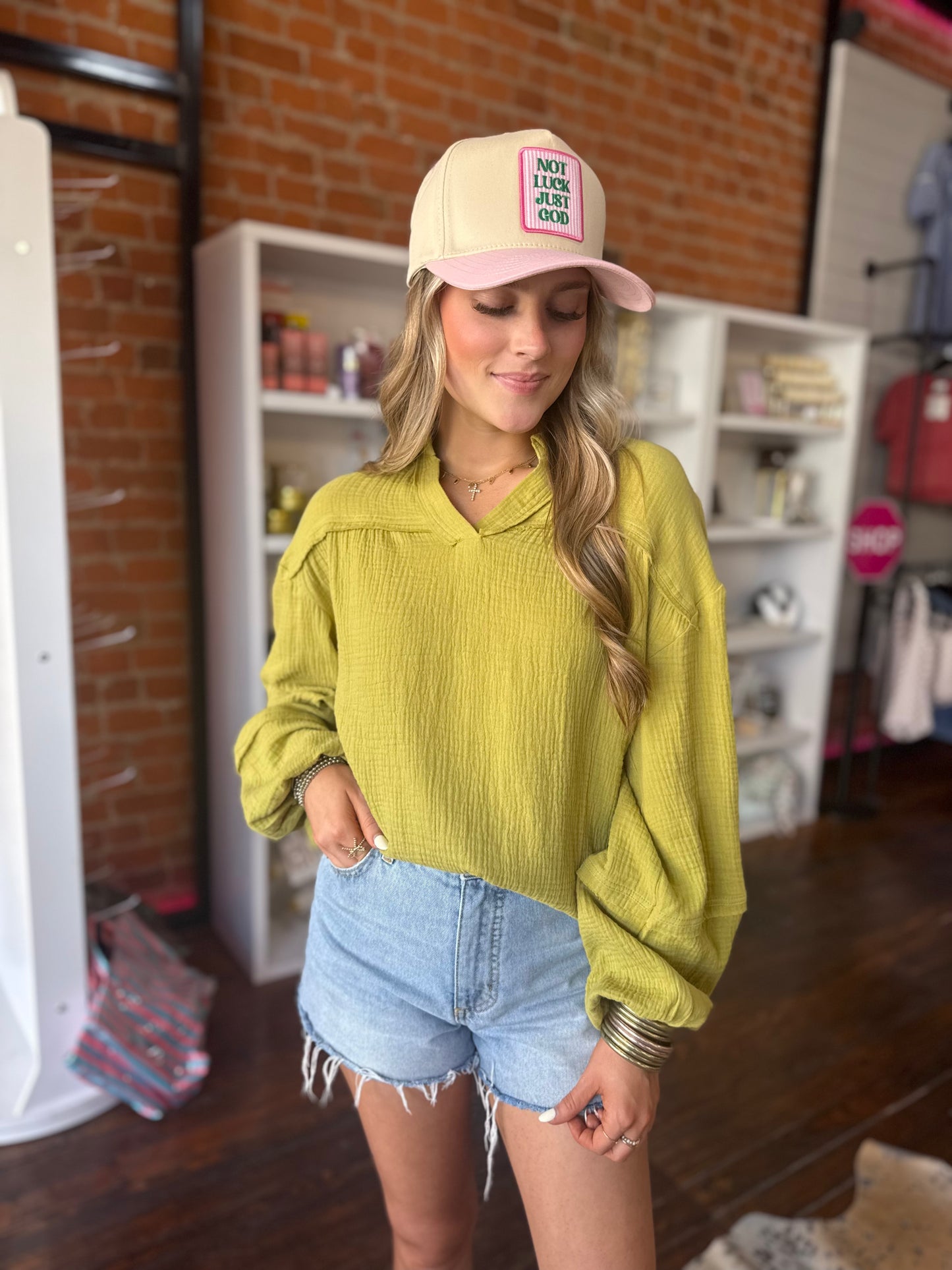Cotton Gauze Woven Top in Lime