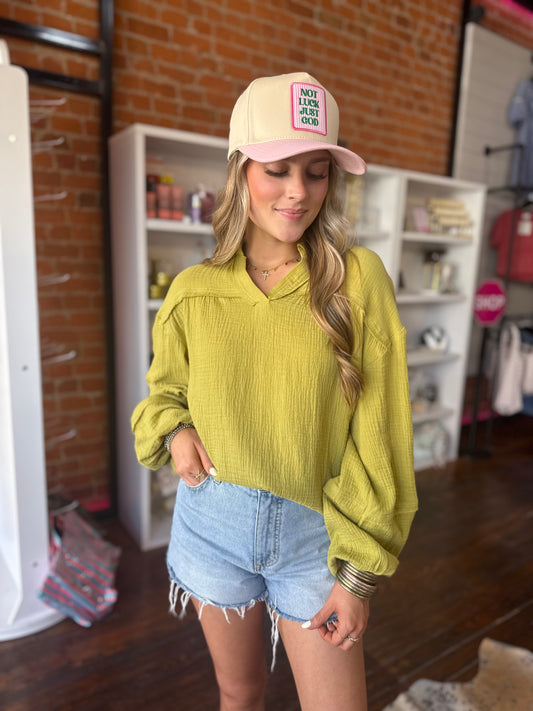 Cotton Gauze Woven Top in Lime
