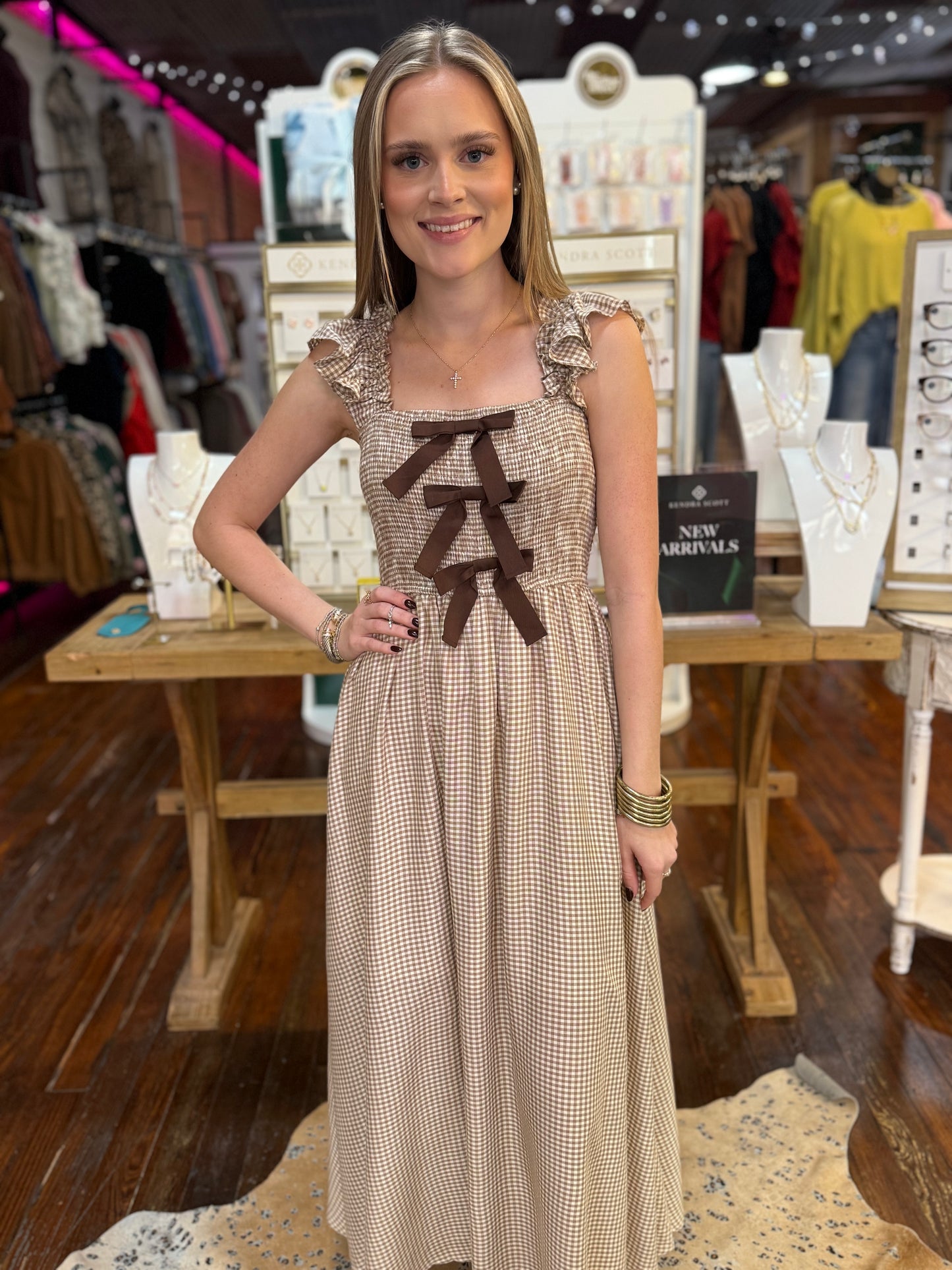 Plaid Smocked Bow Maxi Dress