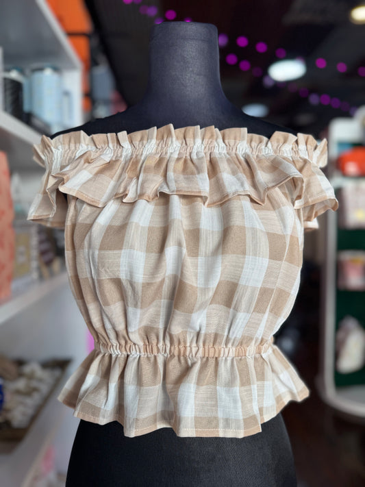 Gingham Pleated OTS Top in Taupe