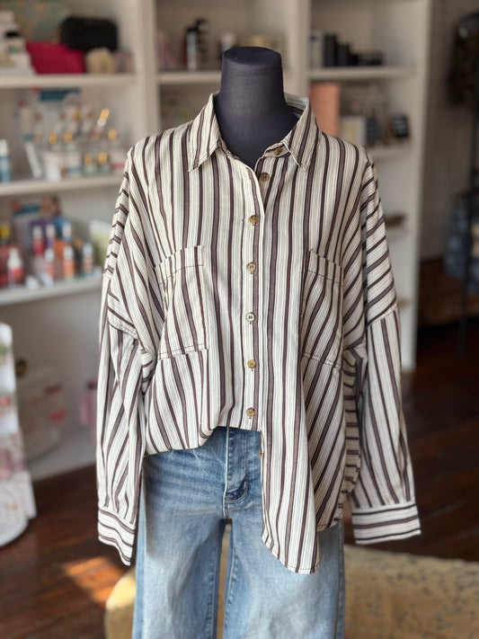 Dobby Striped Button Down in Tiramisu