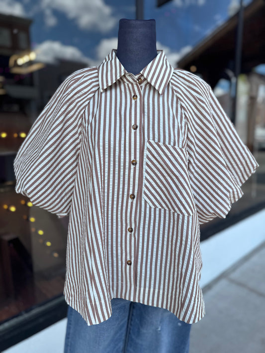 Bubble Sleeve Striped Top in Pecan