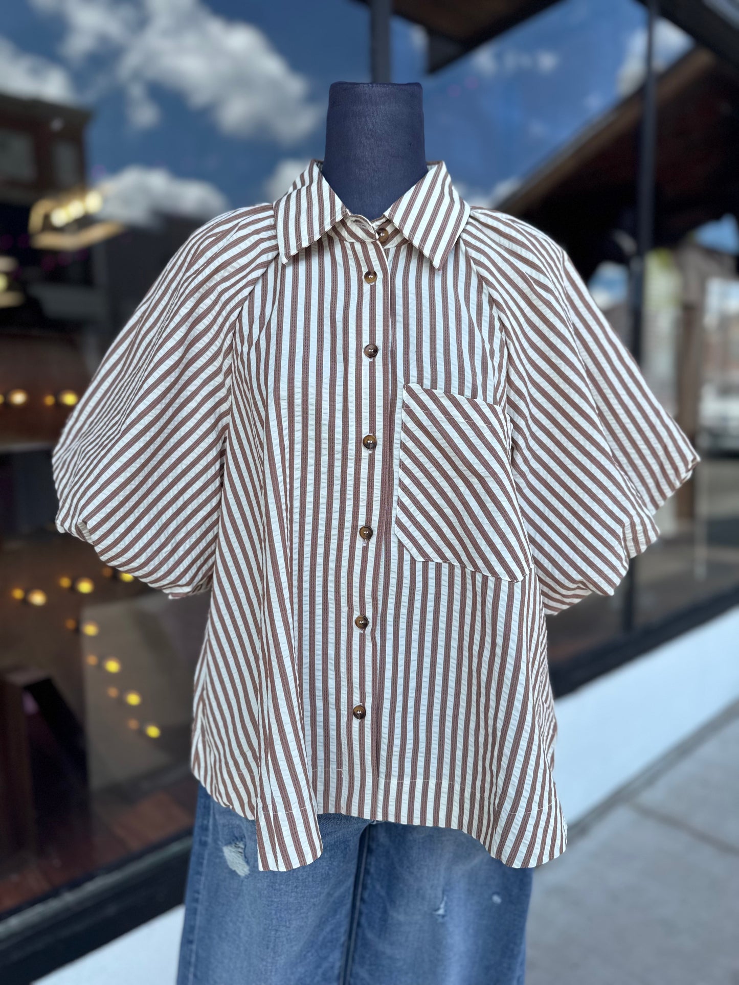 Bubble Sleeve Striped Top in Pecan