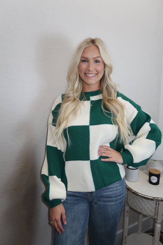 Checker Sweater in Hunter Green